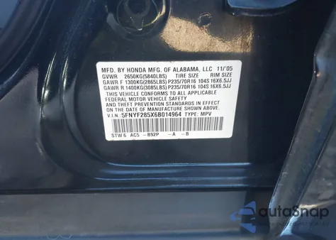 2006 Honda Pilot Ex-L from USA, damaged, VIN 5FNYF285X6B014964